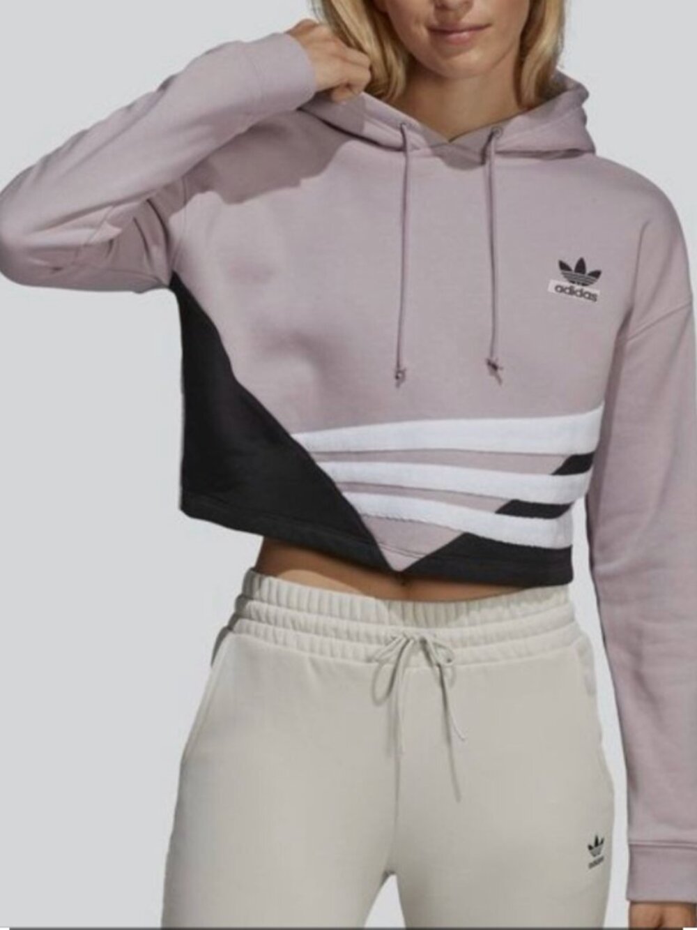 Adidas Women's Lavender Cropped Hoodie Sweater with Logo & Stripe Pattern Large